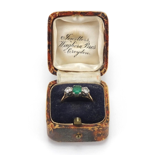 1055 - Art Deco unmarked gold emerald and diamond ring, size O, approximate weight 2.7g