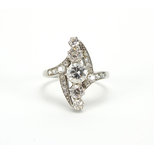 1044 - Art Deco unmarked white metal diamond cocktail ring size O, approximate weight 6.2g