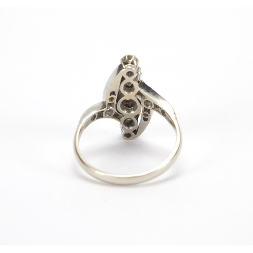 1044 - Art Deco unmarked white metal diamond cocktail ring size O, approximate weight 6.2g