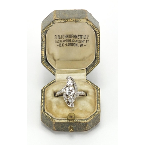 1044 - Art Deco unmarked white metal diamond cocktail ring size O, approximate weight 6.2g