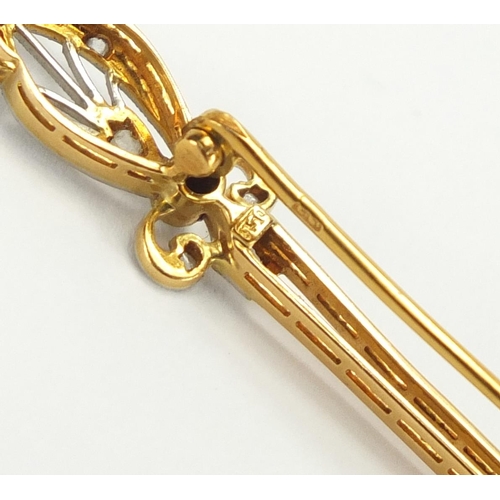 1072 - 18ct gold diamond bar brooch, 7.3cm in length, approximate weight 4.2g