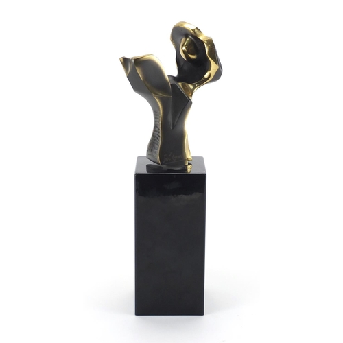 1017 - José Lucas 2000 - Modernist bronze sculpture raised on a square block base, 25.9cm high