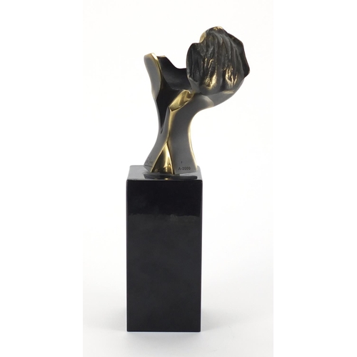 1017 - José Lucas 2000 - Modernist bronze sculpture raised on a square block base, 25.9cm high