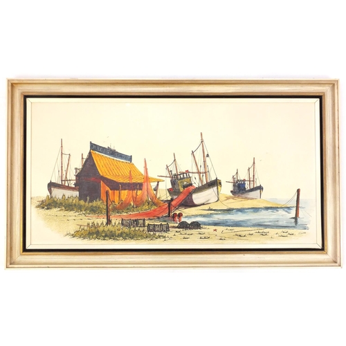 57 - Fischer - Moored boats, mixed media on board, mounted and framed, 90cm x 44cm