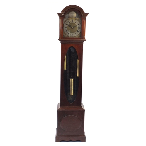 8 - Mahogany Tempus Fugit long case clock, with visible pendulum and weights, 193cm high