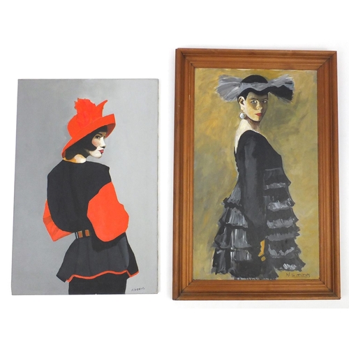 33 - N Stevens - Two Art Deco females, oil on canvases, one framed, each 76cm x 51cm