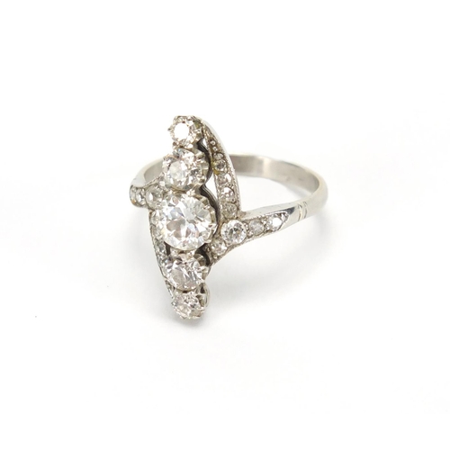 1044 - Art Deco unmarked white metal diamond cocktail ring size O, approximate weight 6.2g