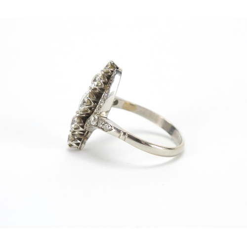 1044 - Art Deco unmarked white metal diamond cocktail ring size O, approximate weight 6.2g