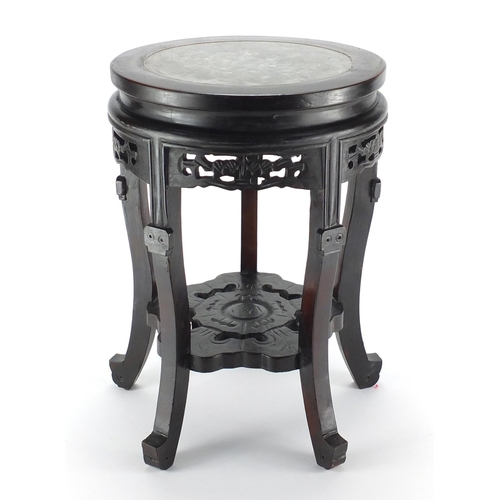 2022 - Chinese hardwood stool, with inset marble top and flower head under tier, carved and pierced with fl... 