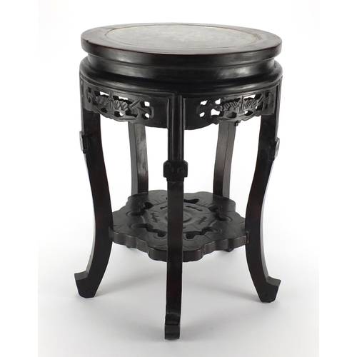 2022 - Chinese hardwood stool, with inset marble top and flower head under tier, carved and pierced with fl... 