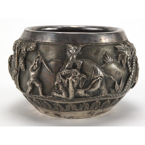 748 - Burmese unmarked silver bowl, embossed with huntsmen and animals, 7.5cm high, approximate weight 152... 