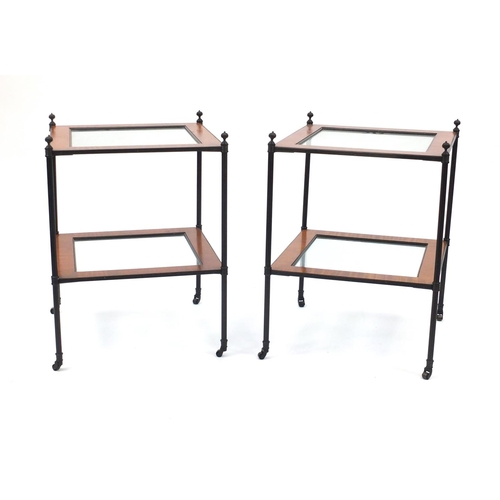 2014 - Pair of two tier mahogany, metal and glass stands, each 65cm H x 46.5cm W x 46.5cm D