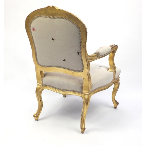 2002 - French style gilt open armchair, with beetle upholstery designed by Thornback and Peel, 103cm high