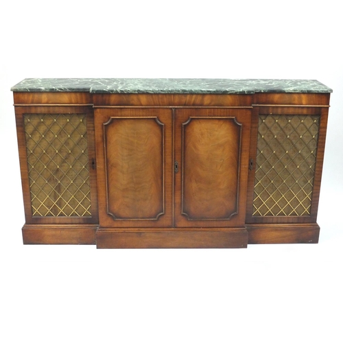 2007 - Reproduction mahogany breakfront side cabinet, with green marble top, 89cm H x 167cm W x 35cm D