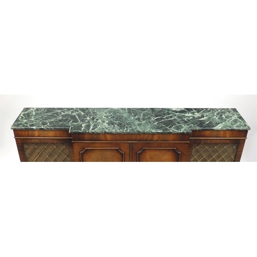 2007 - Reproduction mahogany breakfront side cabinet, with green marble top, 89cm H x 167cm W x 35cm D