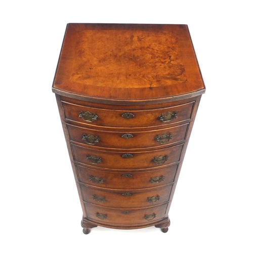 2001 - Reproduction burr walnut bow front tall boy with seven drawers, 119cm H x 47cm W x 41cm D