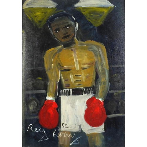 1324 - Reginald 'Reggie' Kray - Portrait of a boxer, oil on board, provenance verso, framed, 89cm x 61cm (P... 