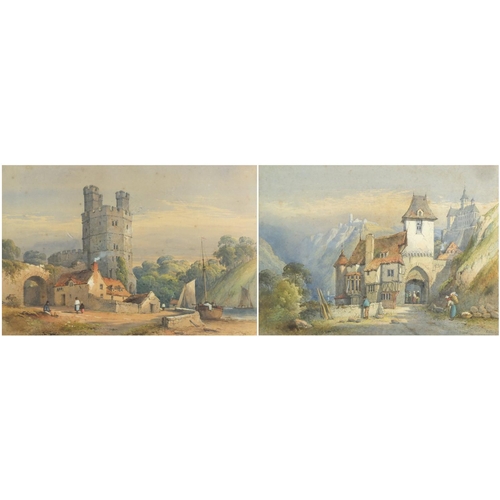 1467 - George Earp - Figures before castles, pair of 19th century watercolours, mounted and framed, each 47... 