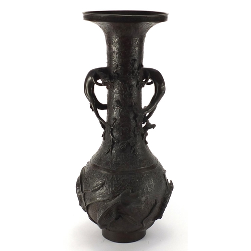 2104 - Large Japanese bronze twin handled vase, cast in relief with fish, shrimps and birds, character mark... 