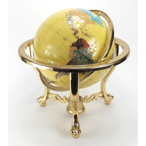 2033 - Large semi precious stone table globe, with gold plated frame and compass under tier, 53cm high