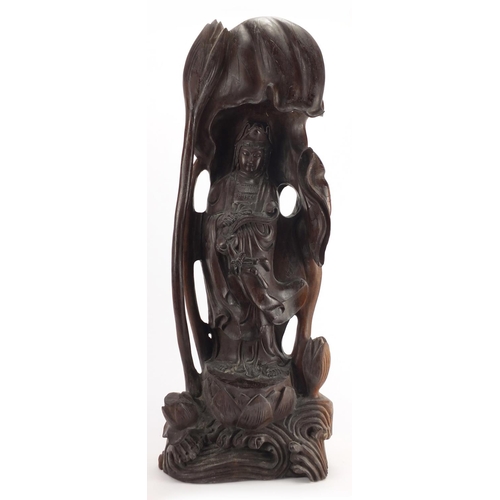 2037 - Large Chinese carved hardwood figure of Guanyin, 74cm high