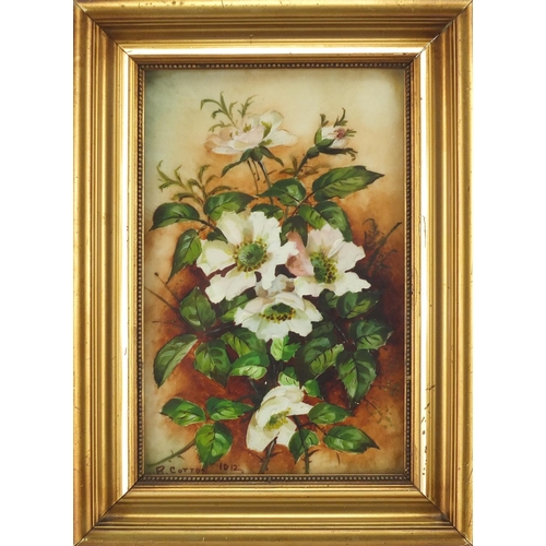 2067 - R Cotton 1912 - Still life flowers, painting on porcelain panel, framed, 21.5cm x 14cm