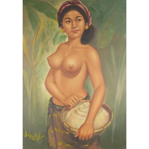 2027 - Portrait of a standing semi nude Asian female, oil on canvas, bearing an indistinct signature possib... 