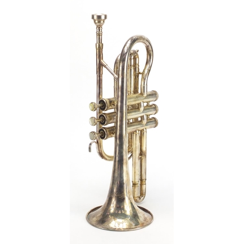 2036 - Rudall Carte & Co silver plated cornet with Mother of Pearl buttons, numbered 183332, with fitted ca... 
