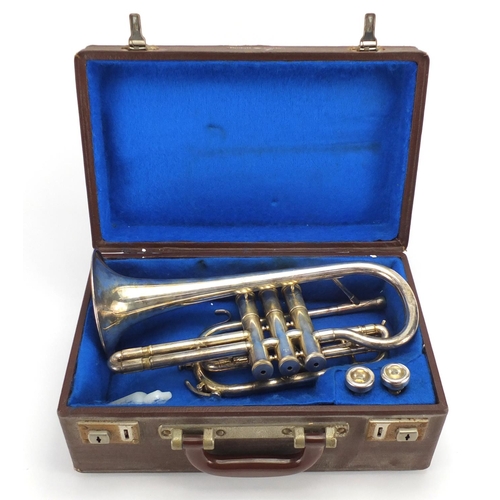 2036 - Rudall Carte & Co silver plated cornet with Mother of Pearl buttons, numbered 183332, with fitted ca... 
