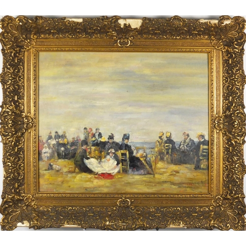 2055 - Figures on the beach, French impressionist oil on board, bearing a signature probably E Boudin, fram... 
