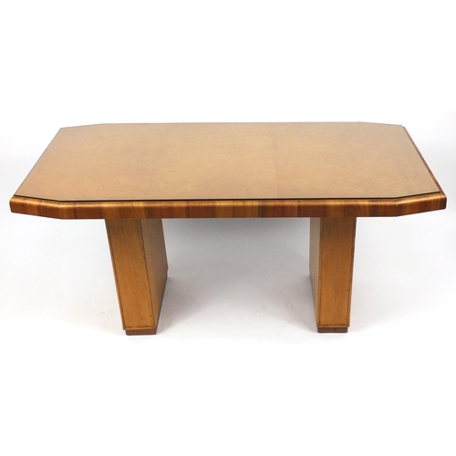2 - Art Deco burr walnut dining table, with glass top, 77cm H x 158cm W x 76cm D