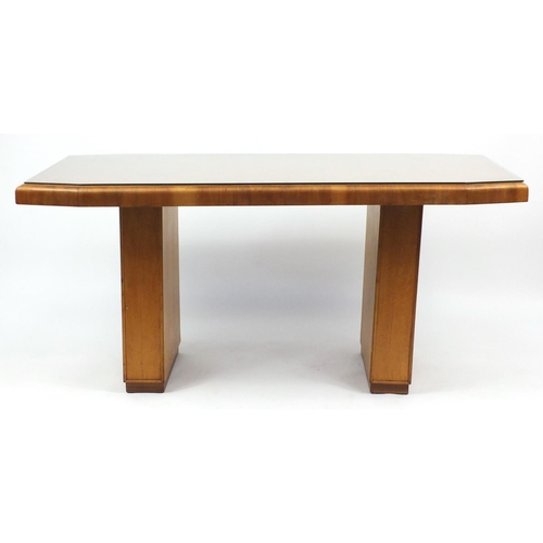 2 - Art Deco burr walnut dining table, with glass top, 77cm H x 158cm W x 76cm D