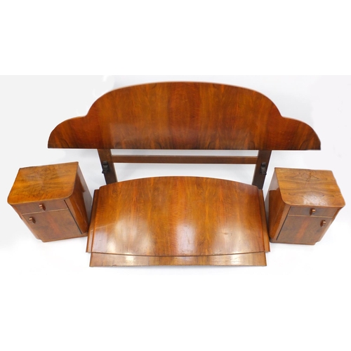 4 - Art Deco walnut bedroom suite, comprising dressing table, pair of bedside chests and headboard and f... 