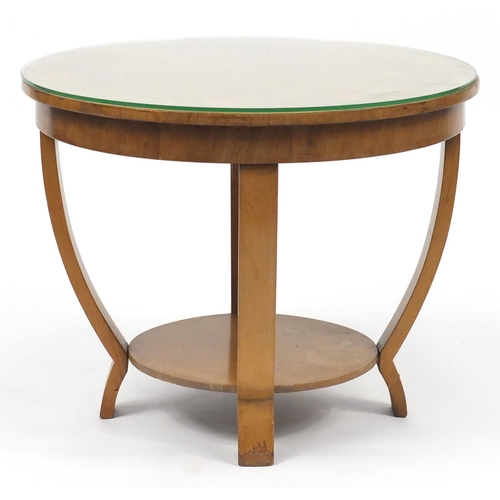5 - Circular Art Deco walnut occasional table with glass top and under tier, 48cm high x 60cm in diamete... 