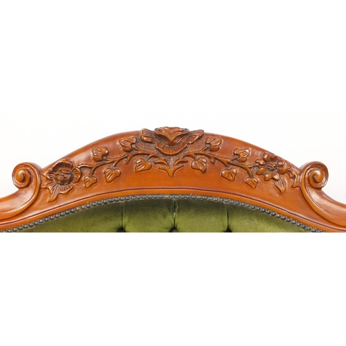 9 - French style two seater settee, with green button back upholstery, 140cm wide