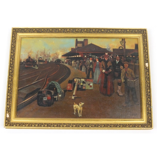 31 - Victorian figures in a train station, oil on board, bearing a signature possibly Conor, framed, 50cm... 