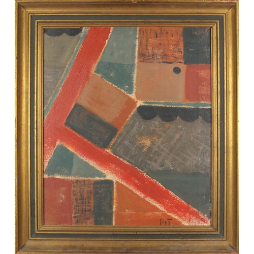 2026 - Abstract composition, geometric shapes, oil on canvas, bearing a monogram B T, mounted and framed, 5... 