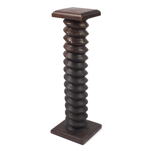 2021 - Antique carved wooden wine press screw pedestal, 111cm high