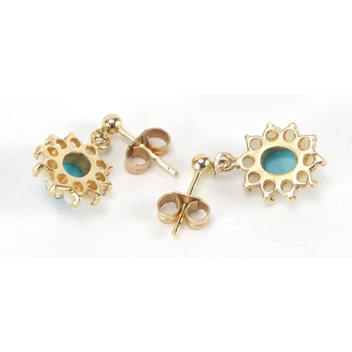 2465 - Pair of 9ct gold turquoise and cultured pearl earrings, 1.5cm in length, approximate weight 2.3g