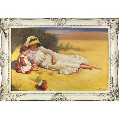 2115 - Mother with her child beach scene, Italian school oil on board, bearing a signature possibly E Manci... 