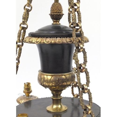 2150 - Good quality empire style bronze and brass three branch chandelier, 84cm high