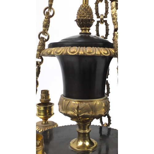 2151 - Good quality empire style bronze and brass three branch chandelier, 84cm high