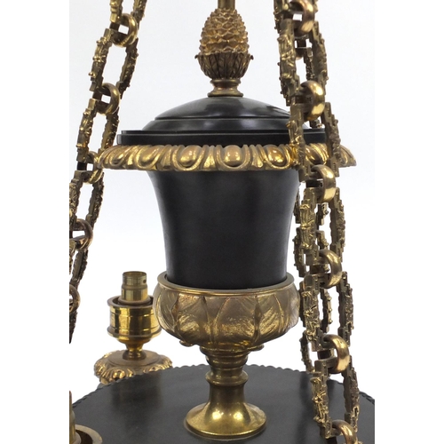 2149 - Good quality empire style bronze and brass three branch chandelier, 84cm high