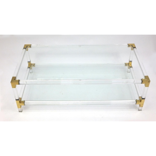 2099 - 1970's Italian brass Perspex and glass coffee table, with under tier, 40.5cm H x 120cm W x 60.5cm D