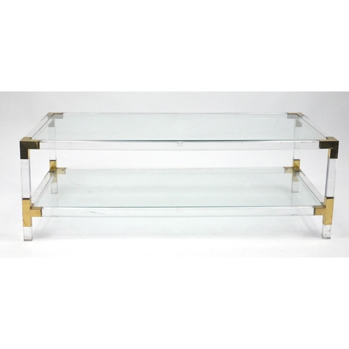 2099 - 1970's Italian brass Perspex and glass coffee table, with under tier, 40.5cm H x 120cm W x 60.5cm D