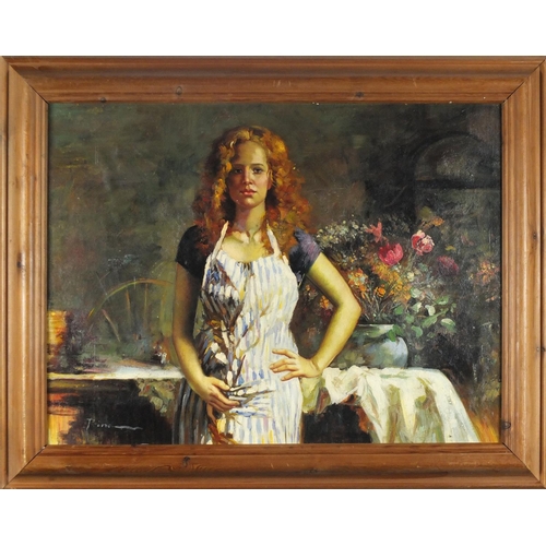 2243 - Portrait of a florist, Italian school oil on board, bearing a signature Pino, framed, 59.5cm x 44.5c... 