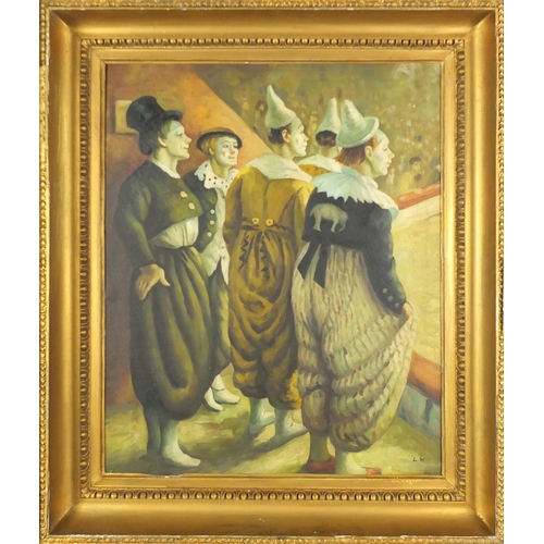 2053 - Five clowns in a circus, oil on board, bearing a monogram L K and inscription The Clowns Laura Knigh... 