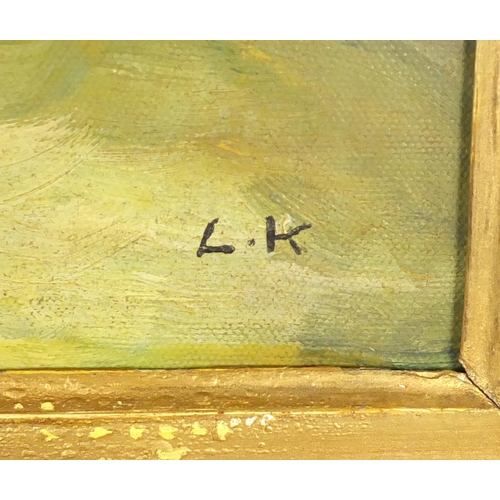 2053 - Five clowns in a circus, oil on board, bearing a monogram L K and inscription The Clowns Laura Knigh... 