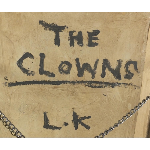 2053 - Five clowns in a circus, oil on board, bearing a monogram L K and inscription The Clowns Laura Knigh... 