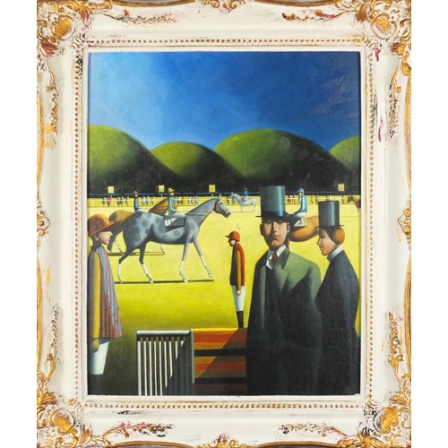 2156 - Sydney Racecourse, Australian school oil on board, inscribed verso, framed, 49.5cm x 40cm